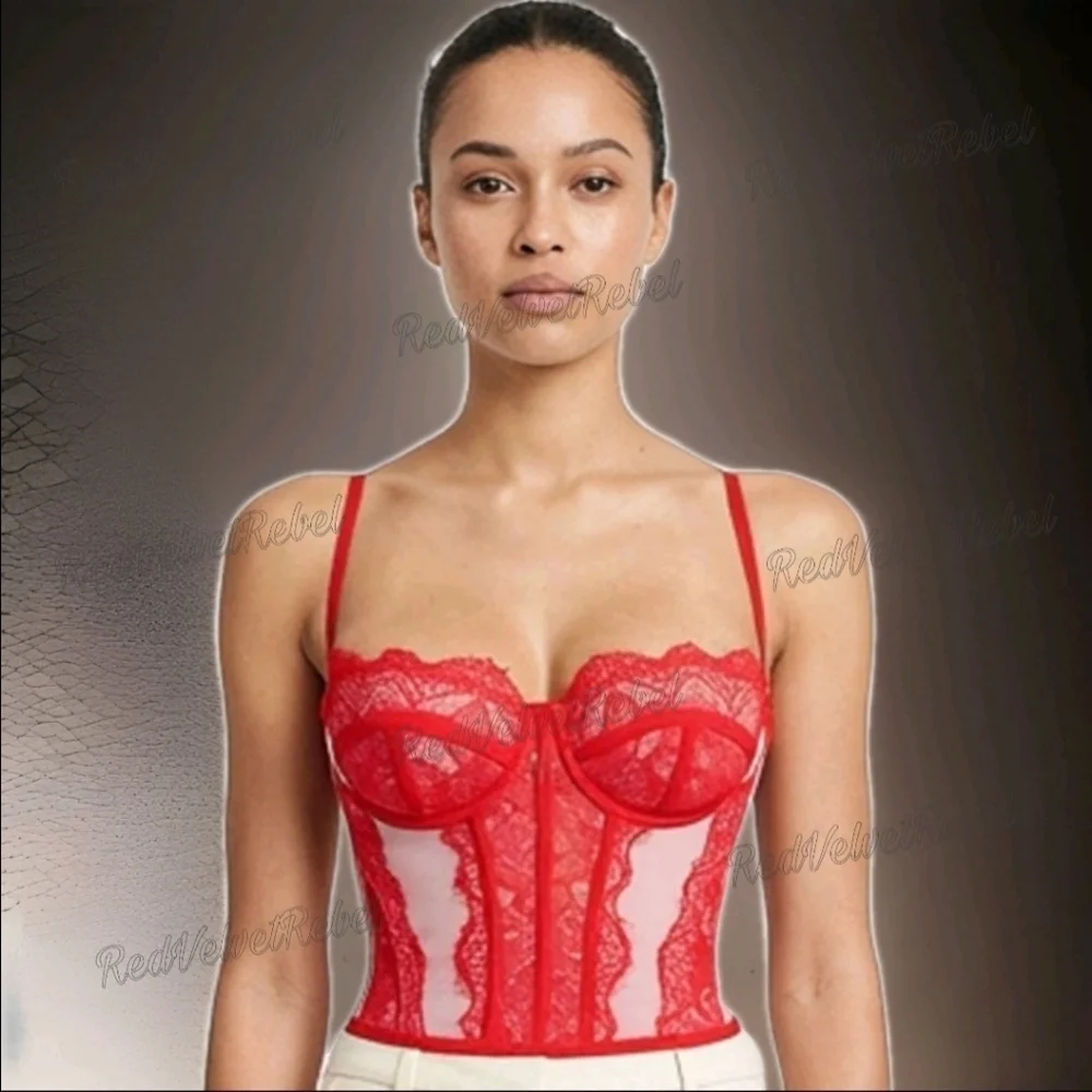 NWT Sexy Red Eyelash Lace Bustier Corset Sheer Mesh Top